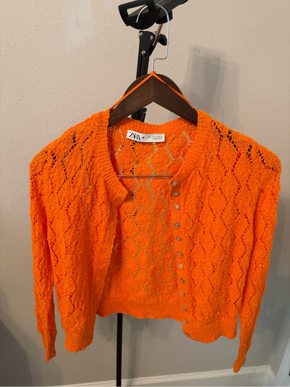 ZARA Bright Orange Openwork Button-Front Cardigan